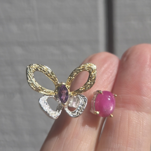 Star Ruby 3k & Amethyst butterfly sterling & gold ring sz7 adjustable open - Picture 9 of 10